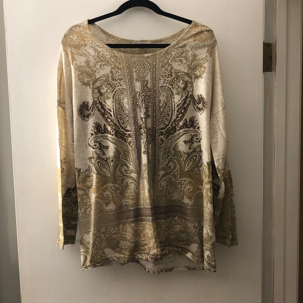Boho Paisley Long-Sleeve Women's Top - Cream and Gold